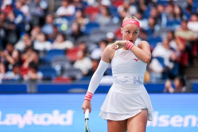 WUHAN, CHINA - OCTOBER 08: Rebecca Sramkova of Slovakia reacts in the Women s Singles Round of 32 match against Aryna Sabalenka of Belarus on day 5 of 2025 Wuhan Open at Optics Valley International Tennis Center on October 8, 2025 in Wuhan, Hubei Province of China.  Copyright: xVCGx 111595901574