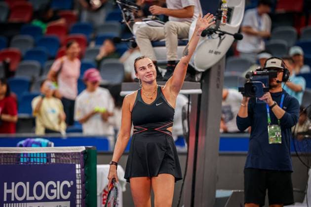 WUHAN, CHINA - OCTOBER 08: Aryna Sabalenka of Belarus reacts in the Women s Singles Round of 32 match against Rebecca Sramkova of Slovakia on day 5 of 2025 Wuhan Open at Optics Valley International Tennis Center on October 8, 2025 in Wuhan, Hubei Province of China.  Copyright: xVCGx 111595901565