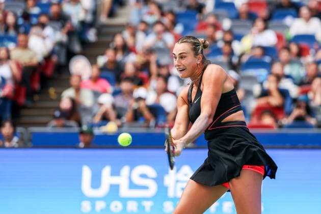 WUHAN, CHINA - OCTOBER 08: Aryna Sabalenka of Belarus returns a shot in the Women s Singles Round of 32 match against Rebecca Sramkova of Slovakia on day 5 of 2025 Wuhan Open at Optics Valley International Tennis Center on October 8, 2025 in Wuhan, Hubei Province of China.  Copyright: xVCGx 111595901570