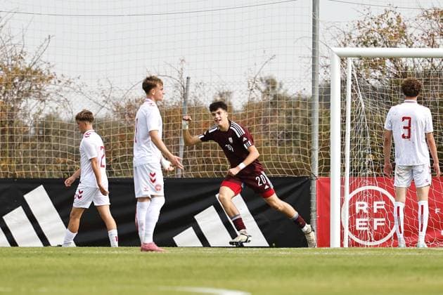Nikita Solomonovs (LAT), OCTOBER 8, 2025 - Football Soccer : Solomonovs celebrate after his goal during UEFA Under-17 Championship qualifying round group 4 match between U17, U 17 Latvia - U17 Denmark at the Ciudad Deportiva Los Angeles de San Rafael in Los Angeles de San Rafael, Spain. Noxthirdxpartyxsales  aflo_306342802
