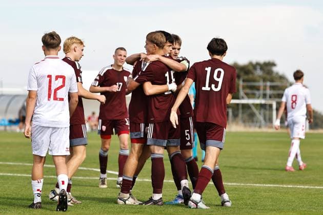 Nikita Solomonovs (LAT), OCTOBER 8, 2025 - Football Soccer : Solomonovs celebrate with team players after his goal during UEFA Under-17 Championship qualifying round group 4 match between U17, U 17 Latvia - U17 Denmark at the Ciudad Deportiva Los Angeles de San Rafael in Los Angeles de San Rafael, Spain. Noxthirdxpartyxsales  aflo_306342865