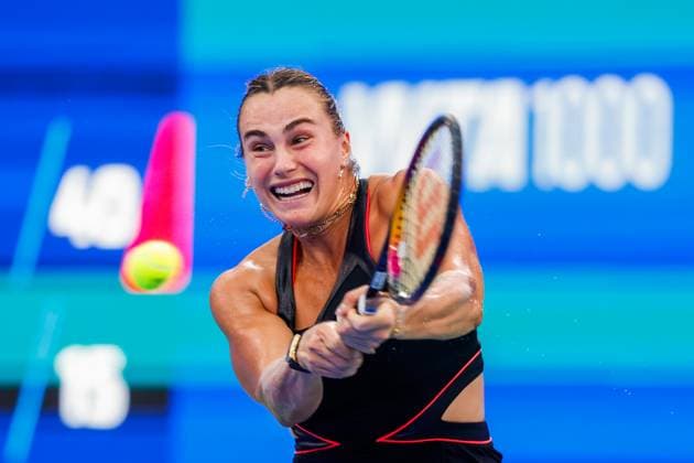 WUHAN, CHINA - OCTOBER 08: Aryna Sabalenka of Belarus returns a shot in the Women s Singles Round of 32 match against Rebecca Sramkova of Slovakia on day 5 of 2025 Wuhan Open at Optics Valley International Tennis Center on October 8, 2025 in Wuhan, Hubei Province of China.  Copyright: xVCGx 111595901465