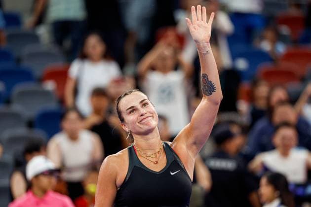 WUHAN, CHINA - OCTOBER 08: Aryna Sabalenka of Belarus reacts in the Women s Singles Round of 32 match against Rebecca Sramkova of Slovakia on day 5 of 2025 Wuhan Open at Optics Valley International Tennis Center on October 8, 2025 in Wuhan, Hubei Province of China.  Copyright: xVCGx 111595901503