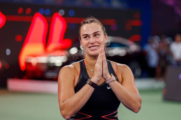 WUHAN, CHINA - OCTOBER 08: Aryna Sabalenka of Belarus reacts in the Women s Singles Round of 32 match against Rebecca Sramkova of Slovakia on day 5 of 2025 Wuhan Open at Optics Valley International Tennis Center on October 8, 2025 in Wuhan, Hubei Province of China.  Copyright: xVCGx 111595901521