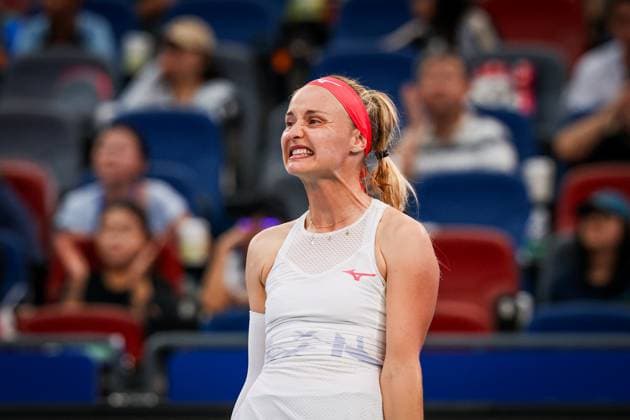 WUHAN, CHINA - OCTOBER 08: Rebecca Sramkova of Slovakia reacts in the Women s Singles Round of 32 match against Aryna Sabalenka of Belarus on day 5 of 2025 Wuhan Open at Optics Valley International Tennis Center on October 8, 2025 in Wuhan, Hubei Province of China.  Copyright: xVCGx 111595901559