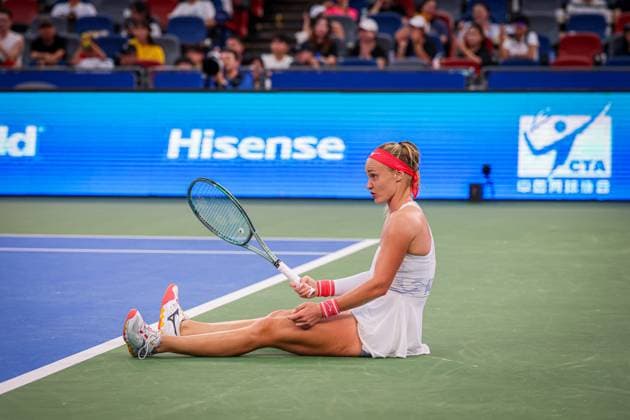WUHAN, CHINA - OCTOBER 08: Rebecca Sramkova of Slovakia reacts in the Women s Singles Round of 32 match against Aryna Sabalenka of Belarus on day 5 of 2025 Wuhan Open at Optics Valley International Tennis Center on October 8, 2025 in Wuhan, Hubei Province of China.  Copyright: xVCGx 111595901562