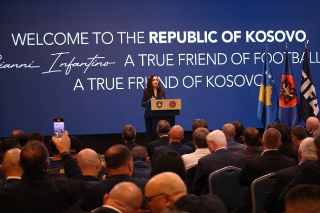 FIFA President Infantino awarded the Presidential Medal of Merit in Kosovo PRISTINA, KOSOVO - OCTOBER 8: Kosovo’s President Vjosa Osmani delivers a speech during a ceremony where she presents the Presidential Medal of Merit to FIFA President Gianni Infantino in recognition of his contributions to the country’s football in Pristina, Kosovo, on October 8, 2025. Erkin Keci Anadolu Pristina Kosovo. Editorial use only. Please get in touch for any other usage.  Copyright: x2025xAnadoluxErkinxKecix