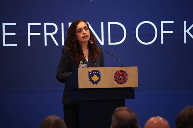 FIFA President Infantino awarded the Presidential Medal of Merit in Kosovo PRISTINA, KOSOVO - OCTOBER 8: Kosovo’s President Vjosa Osmani delivers a speech during a ceremony where she presents the Presidential Medal of Merit to FIFA President Gianni Infantino in recognition of his contributions to the country’s football in Pristina, Kosovo, on October 8, 2025. Erkin Keci Anadolu Pristina Kosovo. Editorial use only. Please get in touch for any other usage.  Copyright: x2025xAnadoluxErkinxKecix