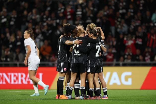 2025 10 03 xJFx second qualifying round UEFA Women™s Europa Cup 2025 2026 Eintracht Frankfurt 1 FC Slovacko v l , Torjubel, Goal celebration, celebrate the goal um Elisa Senss Eintracht Frankfurt DFL DFB REGULATIONS PROHIBIT ANY USE OF PHOTOGRAPHS as IMAGE SEQUENCES and or QUASI VIDEO Copyright: JoaquimxFerreira