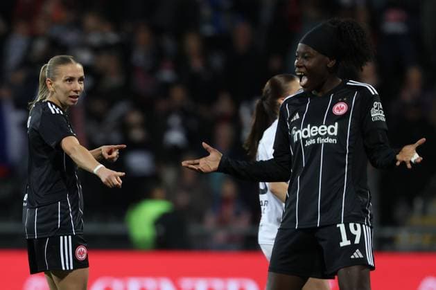 2025 10 03 xJFx second qualifying round UEFA Women™s Europa Cup 2025 2026 Eintracht Frankfurt 1 FC Slovacko v l , Elisa Senss Eintracht Frankfurt , Nicole Anyomi Eintracht Frankfurt , Torjubel, Goal celebration, celebrate the goal DFL DFB REGULATIONS PROHIBIT ANY USE OF PHOTOGRAPHS as IMAGE SEQUENCES and or QUASI VIDEO Copyright: JoaquimxFerreira