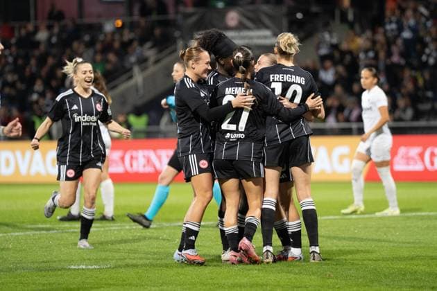 08 10 2025, xhfmx, Football UEFA Women s Europa Cup Quali, Eintracht Frankfurt 1 FC Slovacko v l Lisanne Gräwe Eintracht Frankfurt , Ereleta Memeti Eintracht Frankfurt Laura Freigang Eintracht Frankfurt celebrate the 1 0 by Elisa Senß Eintracht Frankfurt DFL DFB REGULATIONS PROHIBIT ANY USE OF PHOTOGRAPHS as IMAGE SEQUENCES and or QUASI VIDEO Frankfurt