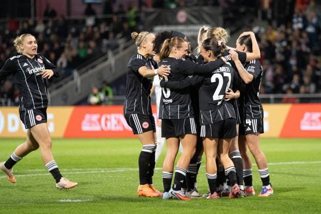 08 10 2025, xhfmx, Football UEFA Women s Europa Cup Quali, Eintracht Frankfurt 1 FC Slovacko v l Jella Veit Eintracht Frankfurt , Ereleta Memeti Eintracht Frankfurt Laura Freigang Eintracht Frankfurt celebrate the 1 0 by Elisa Senß Eintracht Frankfurt DFL DFB REGULATIONS PROHIBIT ANY USE OF PHOTOGRAPHS as IMAGE SEQUENCES and or QUASI VIDEO Frankfurt