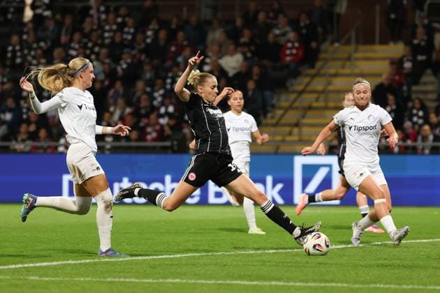 2025 10 03 xJFx second qualifying round UEFA Women™s Europa Cup 2025 2026 Eintracht Frankfurt 1 FC Slovacko v l , Laura Freigang Eintracht Frankfurt scores the goal for 2 0 DFL DFB REGULATIONS PROHIBIT ANY USE OF PHOTOGRAPHS as IMAGE SEQUENCES and or QUASI VIDEO Copyright: JoaquimxFerreira