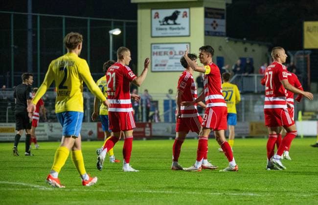 Soccer, Men, Season 2025 2026, Test match, FSV 63 Luckenwalde 1 FC Union Berlin, f l Remo Merke FSV Luckenwalde , Tim Skarke 1 FC Union Berlin , Janik Haberer 1 FC Union Berlin , Marin Ljubicic 1 FC Union Berlin , Celebration after goal to 1 0, 08 10 2025, Copyright: xMatthiasxKochx