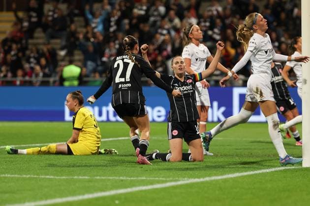 2025 10 03 xJFx second qualifying round UEFA Women™s Europa Cup 2025 2026 Eintracht Frankfurt 1 FC Slovacko v l , Ereleta Memeti Eintracht Frankfurt , Laura Freigang Eintracht Frankfurt , Torjubel, Goal celebration, celebrate the goal DFL DFB REGULATIONS PROHIBIT ANY USE OF PHOTOGRAPHS as IMAGE SEQUENCES and or QUASI VIDEO Copyright: JoaquimxFerreira