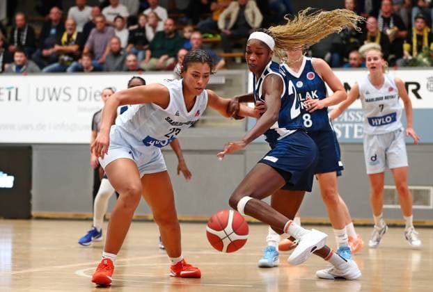 08 10 2025, xmohx, Basketball EuroCup Women, Saarlouis Royals Emlak Konut SK Istanbul v l Brynn Shoup Hill Saarlouis , Victoria Macaulay Emlak Konut DFL DFB REGULATIONS PROHIBIT ANY USE OF PHOTOGRAPHS as IMAGE SEQUENCES and or QUASI VIDEO Saarlouis