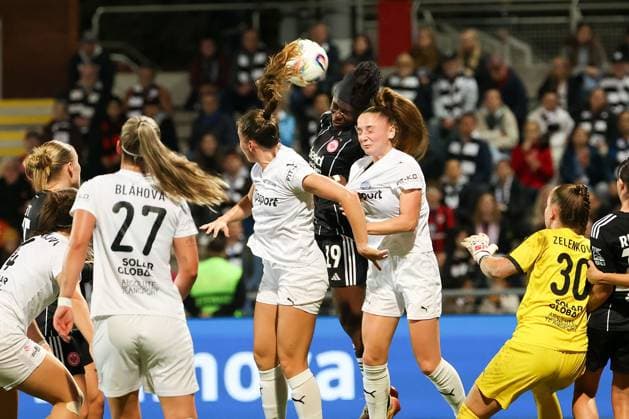 2025 10 03 xJFx second qualifying round UEFA Women™s Europa Cup 2025 2026 Eintracht Frankfurt 1 FC Slovacko v l , Nicole Anyomi Eintracht Frankfurt , Terezie Ohlidalova 1 FC Slovacko header, header duel DFL DFB REGULATIONS PROHIBIT ANY USE OF PHOTOGRAPHS as IMAGE SEQUENCES and or QUASI VIDEO Copyright: JoaquimxFerreira