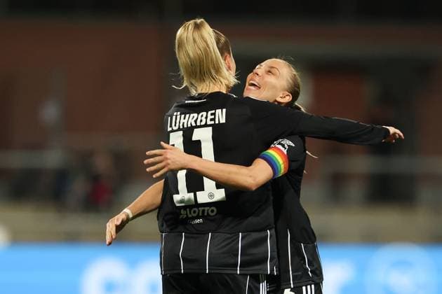 2025 10 03 xJFx second qualifying round UEFA Women™s Europa Cup 2025 2026 Eintracht Frankfurt 1 FC Slovacko v l , Nina Lührssen Eintracht Frankfurt and Elisa Senss Eintracht Frankfurt Torjubel, Goal celebration, celebrate the goal DFL DFB REGULATIONS PROHIBIT ANY USE OF PHOTOGRAPHS as IMAGE SEQUENCES and or QUASI VIDEO Copyright: JoaquimxFerreira