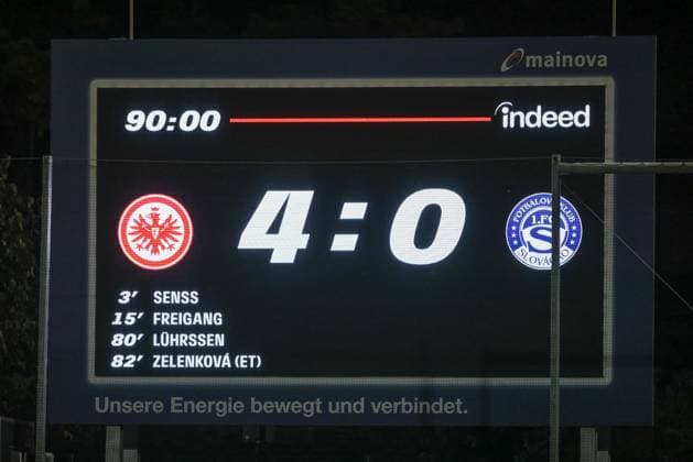 DEU, Frankfurt, Eintracht Frankfurt vs 1 FC Slovacko, UEFA WomenÊ¼s Europa Cup, UEFA, Season 2526, Stadion am Bretanobad, Playoffs, First leg in picture Eintracht Frankfurt wins 4 0 on goals against 1 FC Slovacko DFB DFL REGULATIONS PROHIBIT ANY USE OF PHOTOGRAPHS AS IMAGE SEQUENCES AND OR QUASI VIDEO, 08 10 2025 Copyright: HMBxMedia HendrikxHamelau