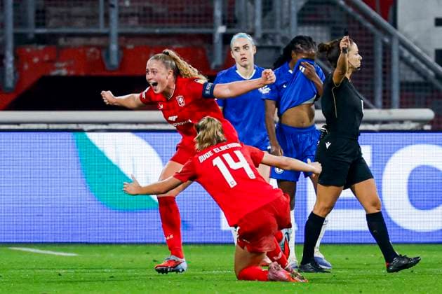Danique van Ginkel of FC Twente ccelebrates with teammates after scoring her teams first goal FC Twente v Chelsea FC, UEFA Women s Champions League 2025 26 League Phase MD1, FC Twente v Chelsea FC Women, FC Twente Stadion, October 8, 2025, Enschede, Netherlands.
