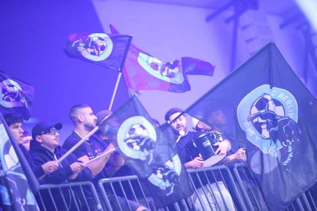 Recording date 6 October 2025 Indoor soccer, The Icon League, season three, match day two at Sporthalle Hamburg in Alsterdorf Match one FC Berlin City SG Bürgeramt Fans of FC Berlin City Winterhude Hamburg