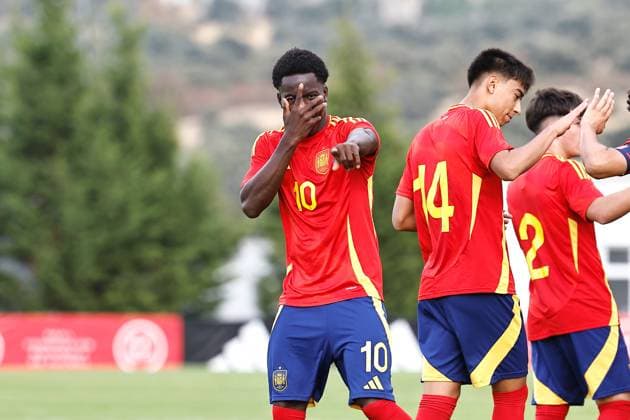 Ebrima Tunkara (ESP), OCTOBER 8, 2025 - Football Soccer : Tunkara celebrate after his goal during UEFA Under-17 Championship qualifying round group 4 match between U17, U 17 Spain - U17 Andorra at the Ciudad Deportiva Los Angeles de San Rafael in Los Angeles de San Rafael, Spain. Noxthirdxpartyxsales  aflo_306357823
