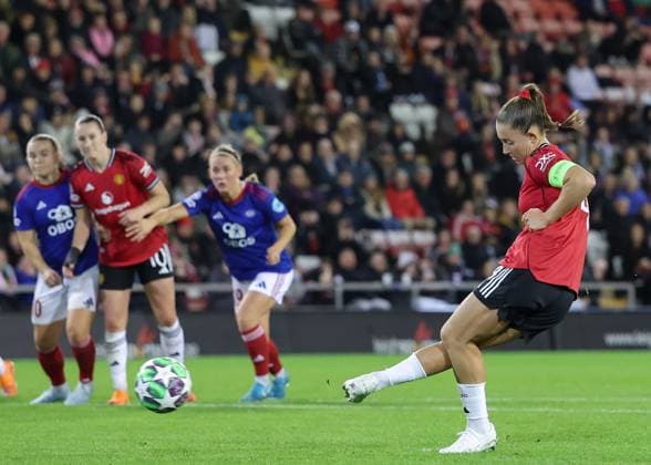 Leigh, England, 8th October 2025. Maya Le Tissier of Manchester United, ManU scores her sides first goal during the Manchester United Women vs Valerenga Women UEFA Womens Champions League match at Leigh Sports Village, Leigh. Picture credit should read: Cody Froggatt Sportimage EDITORIAL USE ONLY. No use with unauthorised audio, video, data, fixture lists, club league logos or live services. Online in-match use limited to 120 images, no video emulation. No use in betting, games or single club league player publications. SPI_015_CF_MANCHESTER_UTD_WOMEN_V_VALERENGA_WOMEN SPI-4205-0015