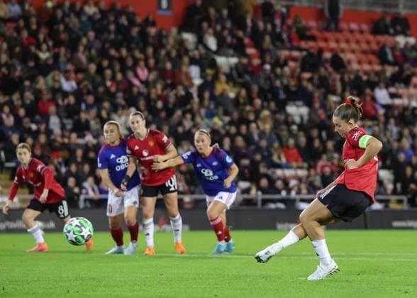 Leigh, England, 8th October 2025. Maya Le Tissier of Manchester United, ManU scores her sides first goal during the Manchester United Women vs Valerenga Women UEFA Womens Champions League match at Leigh Sports Village, Leigh. Picture credit should read: Cody Froggatt Sportimage EDITORIAL USE ONLY. No use with unauthorised audio, video, data, fixture lists, club league logos or live services. Online in-match use limited to 120 images, no video emulation. No use in betting, games or single club league player publications. SPI_016_CF_MANCHESTER_UTD_WOMEN_V_VALERENGA_WOMEN SPI-4205-0016