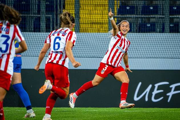 SOCCER - WCL, St.Poelten vs Atletico SANKT POELTEN,AUSTRIA,08.OCT.25 - SOCCER - UEFA Women s Champions League, SKN Sankt Poelten vs Atletico Madrid. Image shows the rejoicing of Andrea Medina and Vilde Boe Risa (Atletico).  GEPAxpictures xKevinxHackner