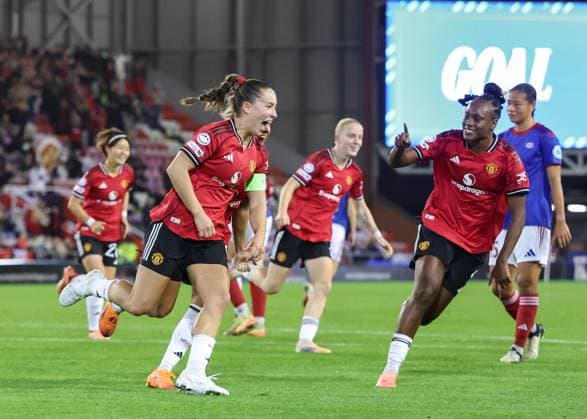 Leigh, England, 8th October 2025. Maya Le Tissier of Manchester United, ManU celebrates scoring her sides first goal during the Manchester United Women vs Valerenga Women UEFA Womens Champions League match at Leigh Sports Village, Leigh. Picture credit should read: Cody Froggatt Sportimage EDITORIAL USE ONLY. No use with unauthorised audio, video, data, fixture lists, club league logos or live services. Online in-match use limited to 120 images, no video emulation. No use in betting, games or single club league player publications. SPI_019_CF_MANCHESTER_UTD_WOMEN_V_VALERENGA_WOMEN SPI-4205-0019