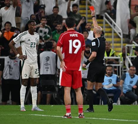 Fourth round of the AFC qualifiers for the 2026 FIFA World Cup, WM, Weltmeisterschaft, Fussball between Saudi Arabia and Indonesia Red card mohammed kanno .Fourth round of the AFC qualifiers for the 2026 FIFA World Cup between Saudi Arabia and Indonesia. 7 October 2025 at Al-Inma Stadium in King Abdullah Sports City, Jeddah.