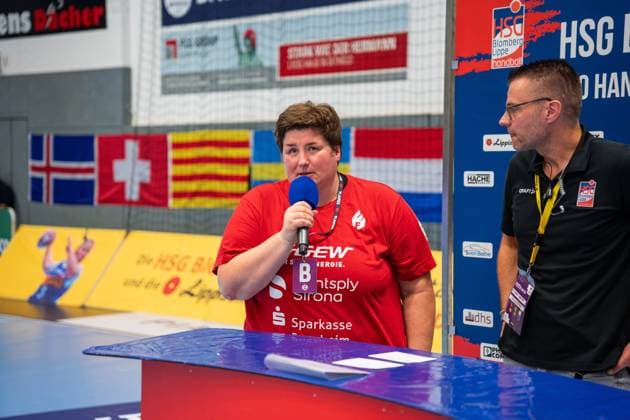 HSG Blomberg Lippe GER vs HSG Bensheim Auerbach Flames GER , Handball, 1 Handball Bundesliga Women, 8 Matchday, 08 10 2025, Season 2025 2026, Blomberg Ilka Fickinger HSG Bensheim Auerbach Flames, Coach at the press conference after the match Blomberg Sporthalle an der Ulmenallee Germany