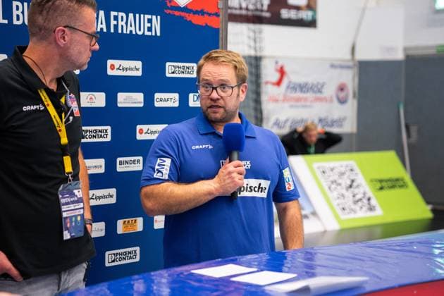 HSG Blomberg Lippe GER vs HSG Bensheim Auerbach Flames GER , Handball, 1 Handball Bundesliga Women, 8 Matchday, 08 10 2025, Season 2025 2026, Blomberg Steffen Birkner HSG Blomberg Lippe, Coach at the press conference after the match Blomberg Sporthalle an der Ulmenallee Germany