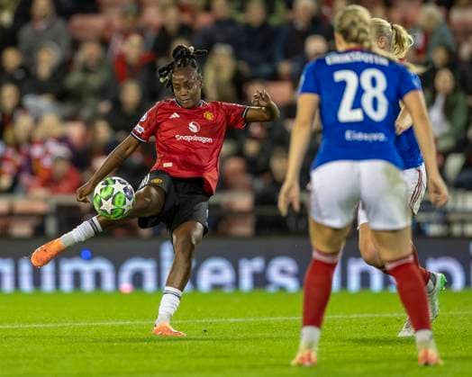 8th October 2025; Leigh Sports Village, Manchester, England; Womens Champions League Football, Manchester United, ManU versus Valerenga; Melvine Malard of Manchester United Women takes a shot on goal  TimxWilliams