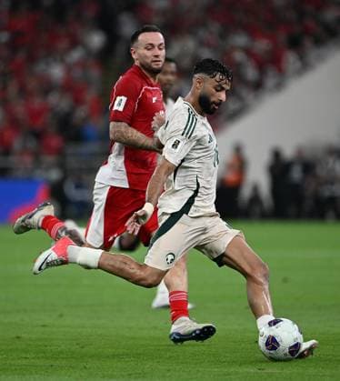 Fourth round of the AFC qualifiers for the 2026 FIFA World Cup, WM, Weltmeisterschaft, Fussball between Saudi Arabia and Indonesia Saleh Abu Al shamat powerful shot .Fourth round of the AFC qualifiers for the 2026 FIFA World Cup between Saudi Arabia and Indonesia. 7 October 2025 at Al-Inma Stadium in King Abdullah Sports City, Jeddah.