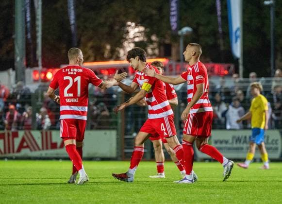 Soccer, Men, Season 2025 2026, Test match, FSV 63 Luckenwalde 1 FC Union Berlin, f l Tim Skarke 1 FC Union Berlin , Diogo Leite 1 FC Union Berlin , Marin Ljubicic 1 FC Union Berlin , Celebration after goal to 0 2, 08 10 2025, Copyright: xMatthiasxKochx