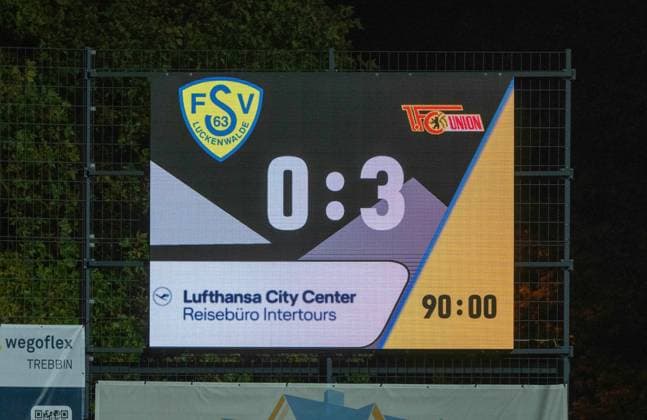 Soccer, Men, Season 2025 2026, Test match, FSV 63 Luckenwalde 1 FC Union Berlin, Scoreboard with 0 3 final score, 08 10 2025, Copyright: xMatthiasxKochx