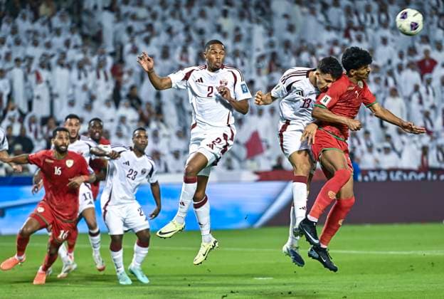 QATAR V OMAN-2026 FIFA World Cup, WM, Weltmeisterschaft, Fussball ASIAN QUALIFIER PLAYOFFS Ayoub Mohamed Aloui (2-R) of Qatar and Issam Alsabhi of Oman in action during the FIFA World Cup 2026 AFC Asian qualifiers playoffs group A match between Qatar v Oman at Jassim Bin Hamad Stadium in Doha, Qatar, on October 8, 2025. DOHA Qatar Copyright: xNOUSHADx