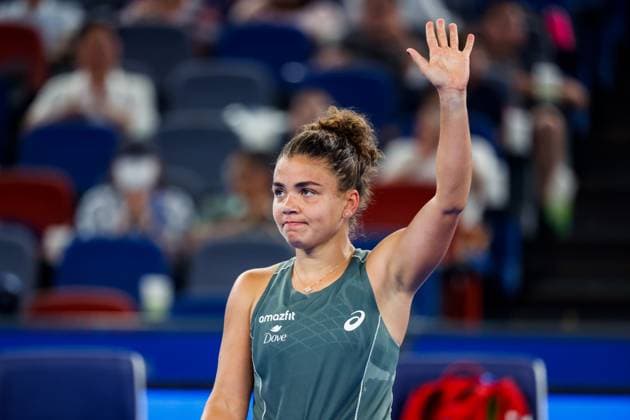 WUHAN, CHINA - OCTOBER 08: Jasmine Paolini of Italy reacts in the Women s Singles Round of 32 match against Yuan Yue of China on day 5 of 2025 Wuhan Open at Optics Valley International Tennis Center on October 8, 2025 in Wuhan, Hubei Province of China.  Copyright: xVCGx 111595917814