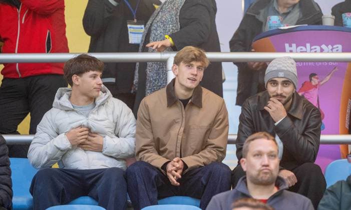 Soccer, Men, Season 2025 2026, Test match, FSV 63 Luckenwalde 1 FC Union Berlin 0 3 , f l Andrik Markgraf 1 FC Union Berlin , Aljoscha Kemlein 1 FC Union Berlin , Livan Burcu 1 FC Union Berlin in the stands, 08 10 2025, Copyright: xMatthiasxKochx