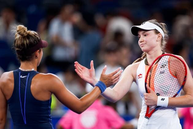 WUHAN, CHINA - OCTOBER 08: Elena Rybakina of Kazakhstan high-fives Jaqueline Cristian of Romania after the Women s Singles Round of 32 match on day 5 of 2025 Wuhan Open at Optics Valley International Tennis Center on October 8, 2025 in Wuhan, Hubei Province of China.  Copyright: xVCGx 111596057611