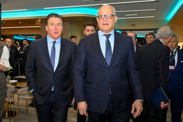 Claudio Gualtieri and Dan Friedkin during the 32nd European Football Clubs General Assembly in Rome at the Rome Cavalieri Waldorf Hotel. Italy - Thursday 09 October 2025. Sports.  Copyright: xFabrizioxCorradetti LaPressex