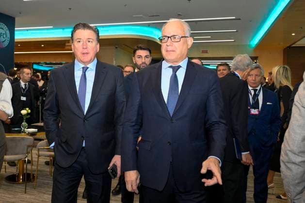 Claudio Gualtieri and Dan Friedkin during the 32nd European Football Clubs General Assembly in Rome at the Rome Cavalieri Waldorf Hotel. Italy - Thursday 09 October 2025. Sports.  Copyright: xFabrizioxCorradetti LaPressex