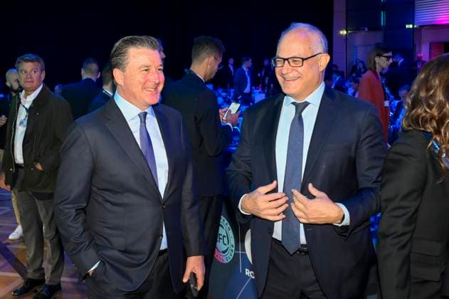 Claudio Gualtieri and Dan Friedkin during the 32nd European Football Clubs General Assembly in Rome at the Rome Cavalieri Waldorf Hotel. Italy - Thursday 09 October 2025. Sports.  Copyright: xFabrizioxCorradetti LaPressex