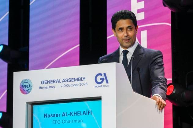 Nasser Al-Khelaifi EFC President during the 32nd European Football Clubs General Assembly in Rome at the Rome Cavalieri Waldorf Hotel. Italy - Thursday 09 October 2025. Sports.  Copyright: xFabrizioxCorradetti LaPressex