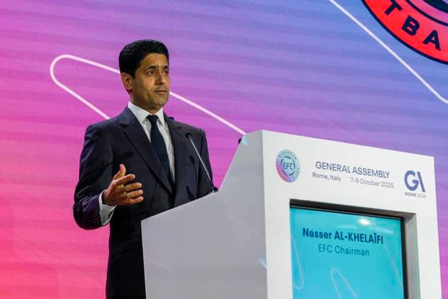 Nasser Al-Khelaifi EFC President during the 32nd European Football Clubs General Assembly in Rome at the Rome Cavalieri Waldorf Hotel. Italy - Thursday 09 October 2025. Sports.  Copyright: xFabrizioxCorradetti LaPressex