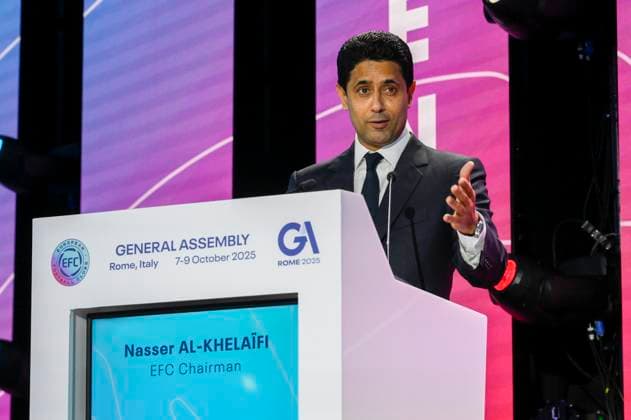 Nasser Al-Khelaifi EFC President during the 32nd European Football Clubs General Assembly in Rome at the Rome Cavalieri Waldorf Hotel. Italy - Thursday 09 October 2025. Sports.  Copyright: xFabrizioxCorradetti LaPressex