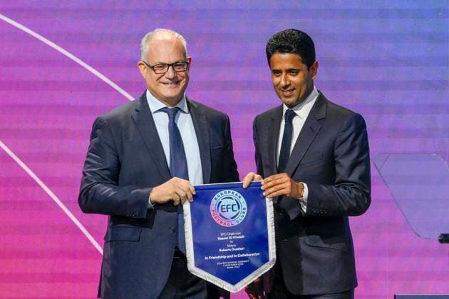 Roberto Gualtieri mayor of Rome and Nasser Al-Khelaifi EFC President during the 32nd European Football Clubs General Assembly in Rome at the Rome Cavalieri Waldorf Hotel. Italy - Thursday 09 October 2025. Sports.  Copyright: xFabrizioxCorradetti LaPressex