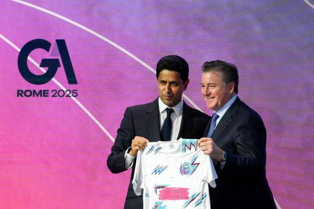 Nasser Al-Khelaifi EFC President and Dan Friedkin AS Roma President during the 32nd European Football Clubs General Assembly in Rome at the Rome Cavalieri Waldorf Hotel. Italy - Thursday 09 October 2025. Sports.  Copyright: xFabrizioxCorradetti LaPressex