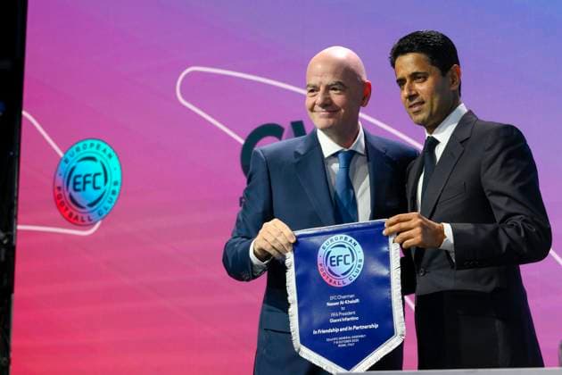 Nasser Al-Khelaifi EFC President and Gianni Infantino FIFA President during the 32nd European Football Clubs General Assembly in Rome at the Rome Cavalieri Waldorf Hotel. Italy - Thursday 09 October 2025. Sports.  Copyright: xFabrizioxCorradetti LaPressex